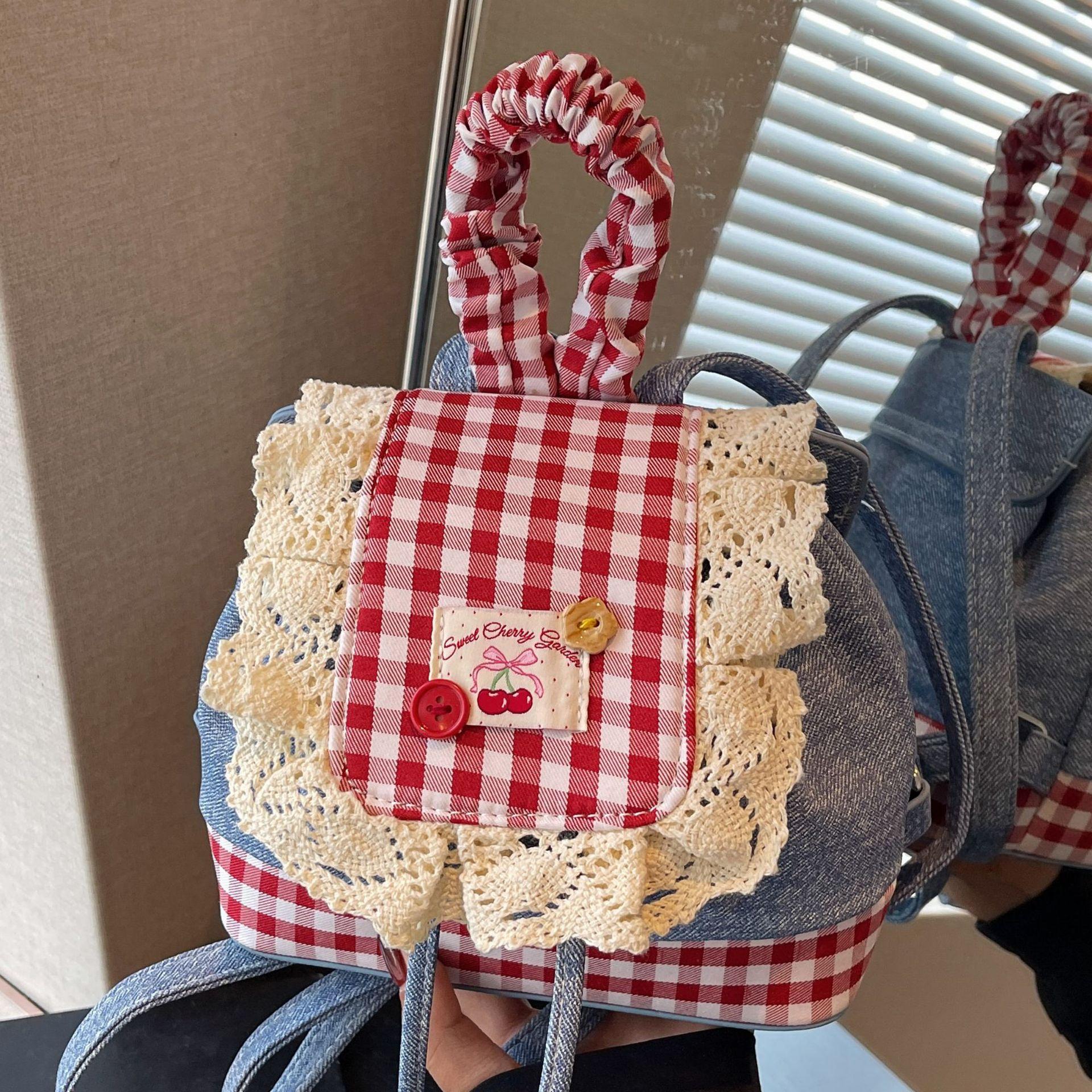 

Джинсовый рюкзак женский 2025 новый модный клетчатый кружевной рюкзак портативная сумка через плечо джинсовый синий