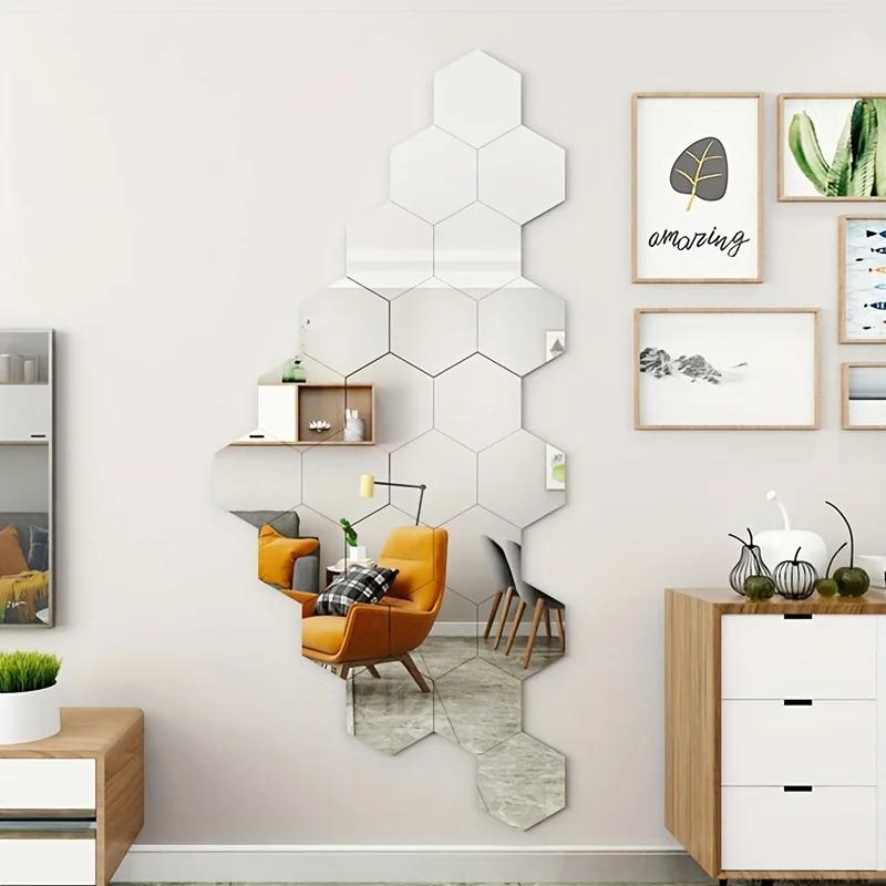 12 buc. Oglindă hexagonală din acril, autocolant de perete 3D, oglindă pentru decorarea casei, oglindă detașabilă DIY pentru ornamente de artă pentru camera de zi