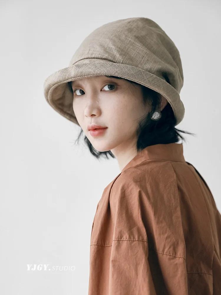 Japanese Cotton Linen Pleated Women Fisherman Hat Small Brim Summer UV Resistant Breathable Linen Bucket Hat Wrapped Head Ladies