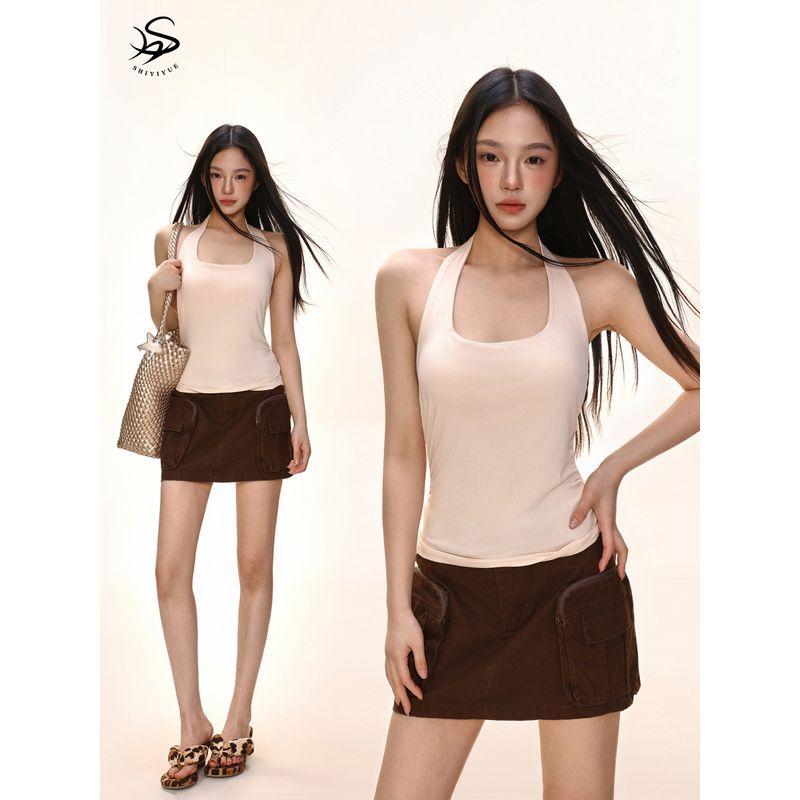 Shiyiyue Hot Girl Pure Desire Halter Neck Camisole Women's Summer Slim Fit Sleeveless Top with Chest Pads for Outerwear