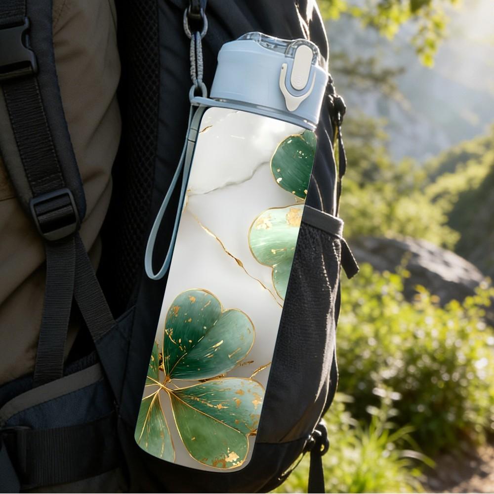 1PC Clover Leaf Gold Marble Pattern 750ml Color Plastic Sports Water Bottle Leakproof Flip Straw Lid Suitable for Sports Office Home Use