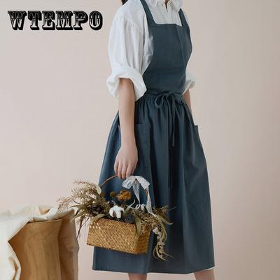 Tablier croisé en coton et lin pour femme, tablier japonais pour travaux ménagers, pâtisserie, robe de fleuriste, tablier de cuisine