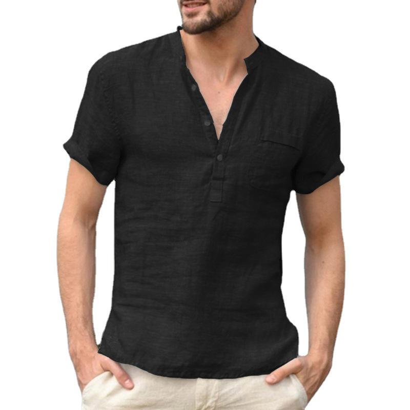 2025 Summer European & American Men's Stand-Up Collar Cotton-Linen Short Sleeve Shirt