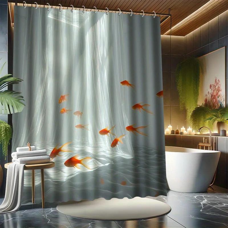 Sada sprchového závěsu s plovoucími zlatými rybkami, Umělecký efekt, Minimalistický styl, 12 háčků, Polyester, Dělící prvek do vany, Moderní koupelnová dekorace