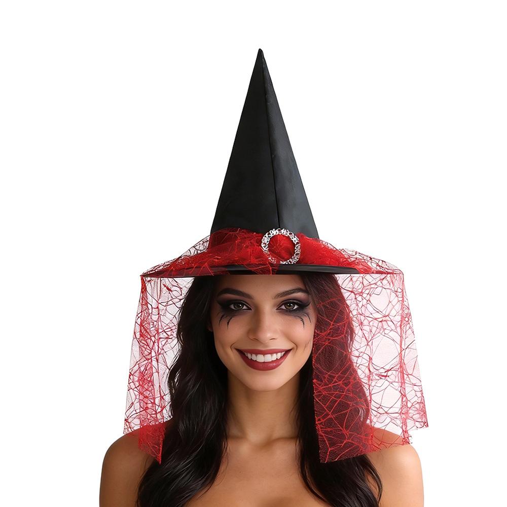 Halloween Witch Hat with Silver Buckle  Veil Kids Adult Cosplay Costume Prop Spooky Party Headwear