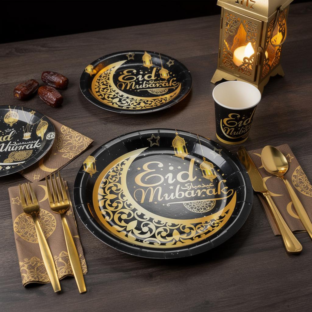 Ramadan Mubarak Black Gold Moon Eid Mubarak Themed Party Supplies Set Disposable Plates for Elegant Celebration