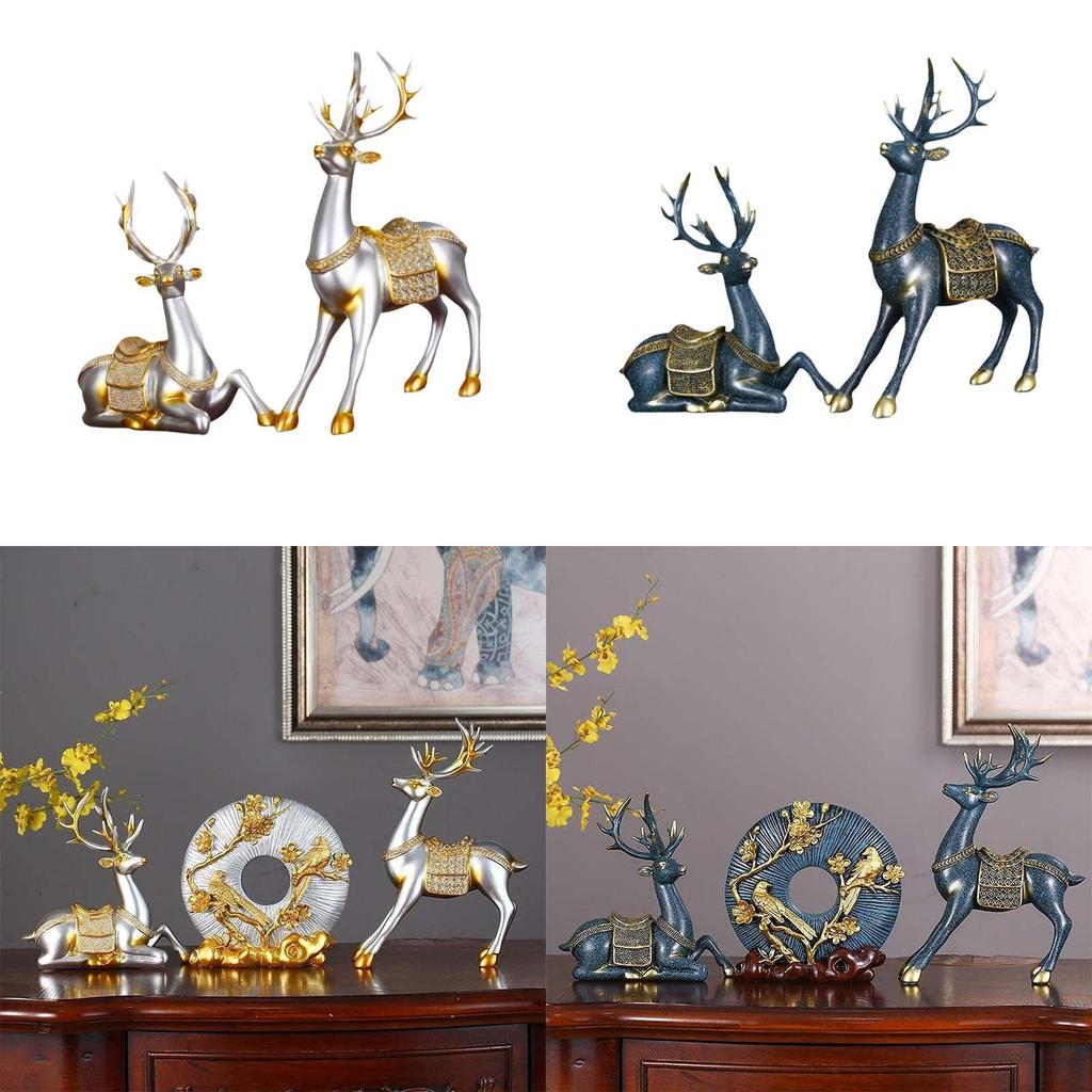 2x Reindeer Figurines Elegant,Nordic,Resin Sitting Standing Deer Statues Sculpture Deer Ornaments for TV Stand Tabletop Office