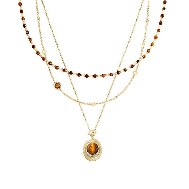 Layered Tigers Eye Pendant Necklace Women Gold Plated O-Link Chain Geometric Drop Design Lightweight Chic Jewelry