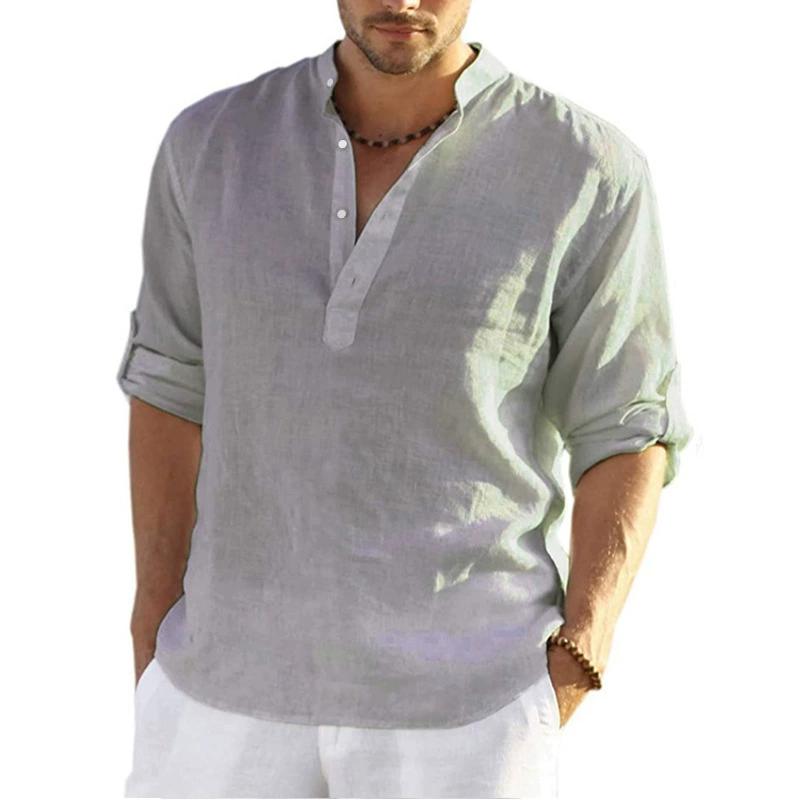 Men's Casual Short Sleeve Linen Shirt Summer Lightweight Breathable Band Collar Beach Hippie Tee Shirts Loose Fit Work Pullover Shirt