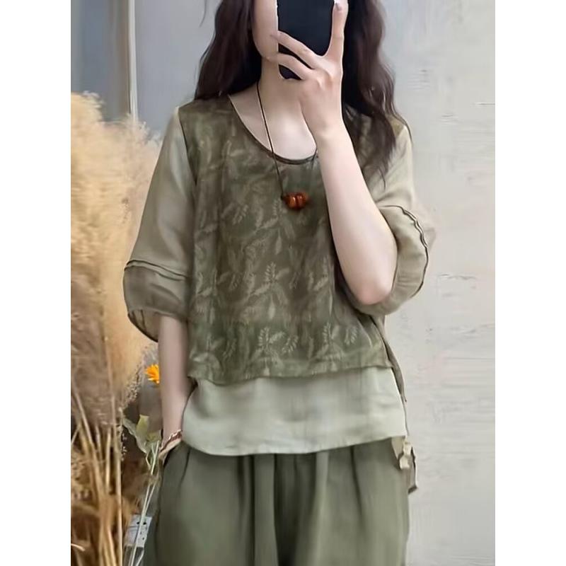 Modisches Baumwoll-Leinen-Set für Damen, Sommer-Print, Patchwork, Fake-Zweiteiler, Oberteil, Harlan-Hose, schlankmachendes Zweiteiler