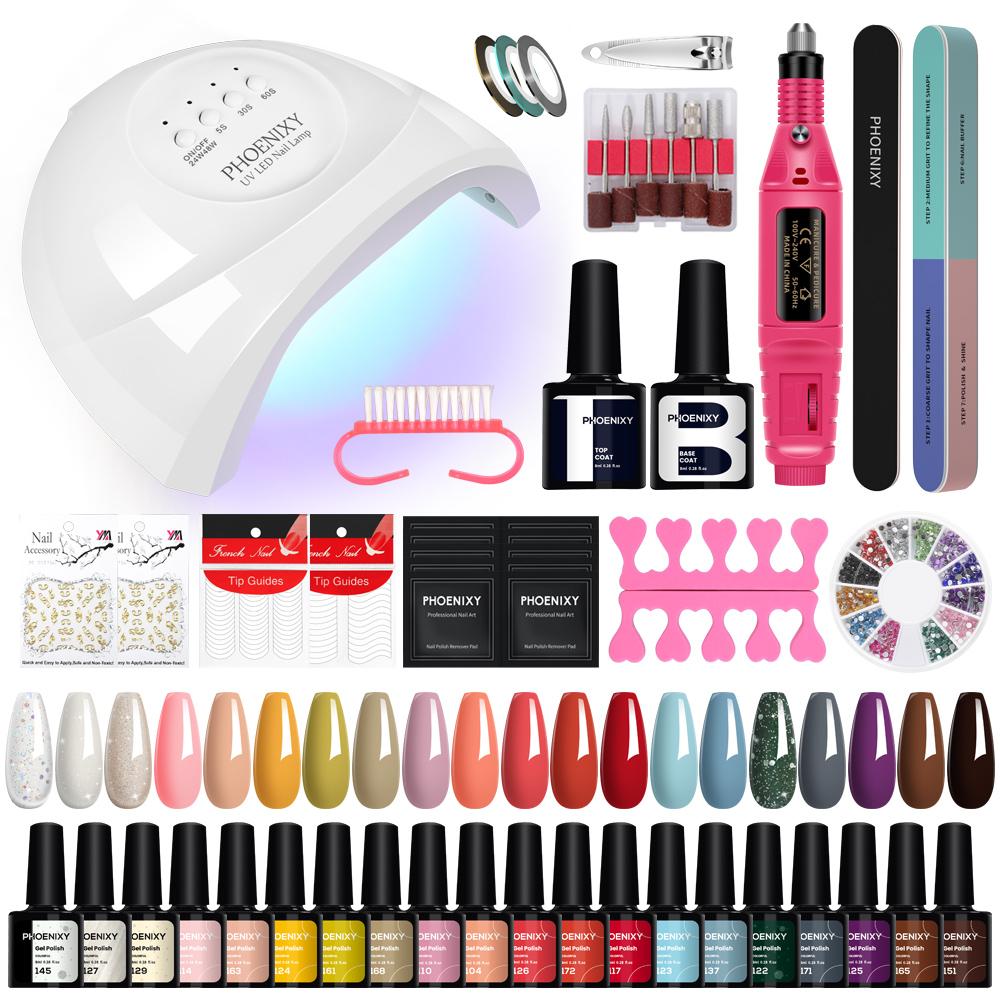 PHOENIXY Kit Complet de Instrumente pentru Nail Art 20 Buc Oje Gel cu Lampă UV LED de 48W Vopsea Gel UV Semipermanentă Design Nail Art Kit Manichiură