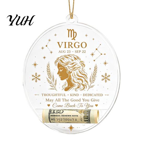 Gift Box Accessories Christmas Tree Money Holder Pendant, Transparent Acrylic Round Hanging Ornament, 12 Festive Home Decor Zodiac Signs Theme