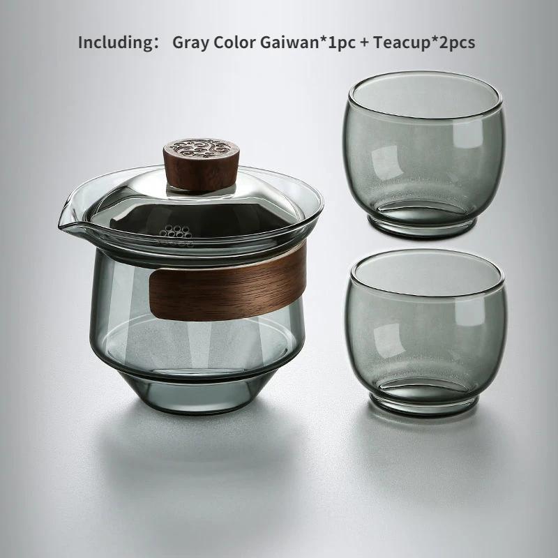 Chinese Kung Fu Tea Set, Clear Glass Gaiwan and Cups, Anti-scald Tureen, Hand Grip Pot, Household Teaware, Lid with Filter Holes