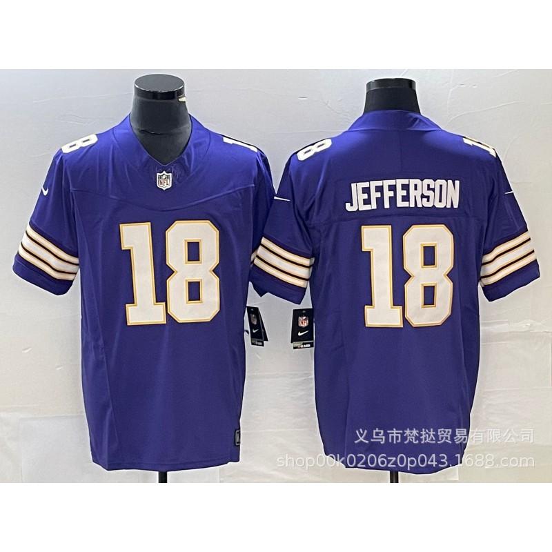 Mens NFL Minnesota Vikings 18 Jefferson 9 McCarthy White Purple Embroidered Football Jersey Sportswear