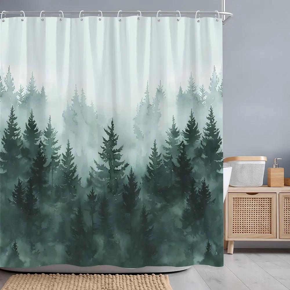 Misty Forest Shower Curtain Dreamy Rainforest Watercolour Print Polyester Fabric Shower Curtains Bathroom Decoration with Hooks