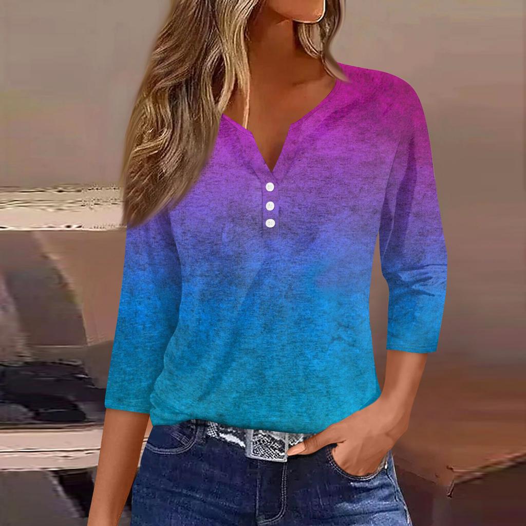 Camiseta de mujer Camiseta estampada Botón Manga 3/4 Moda diaria Fin de semana Básica Cuello en V Top regular