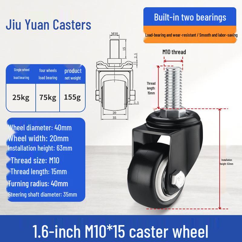 Black Heavy-Duty Swivel Casters with Brakes for Furniture, Cabinets & Industrial Use, Double Bearing Wheels