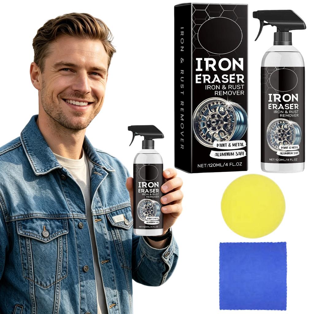 Gomme Fer Spray Nettoyant Fer et Rouille 120ml avec Éponge et Chiffon de Nettoyage Sûr pour Surfaces en Aluminium et Métal Solution Efficace pour Nettoyer la Rouille