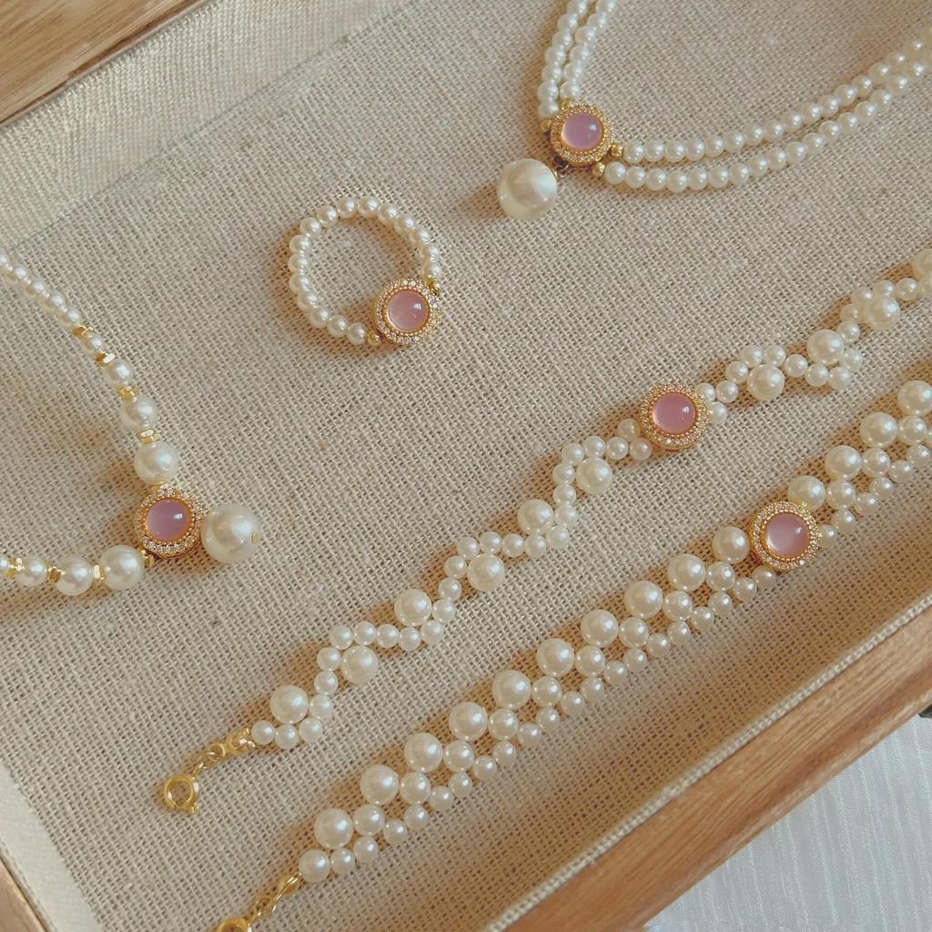 S925 Silver Pink Chalcedony and Pearl Jewelry Set: Bracelet, Necklace, Ring, Earrings - Perfect Gift for Girlfriends & Besties