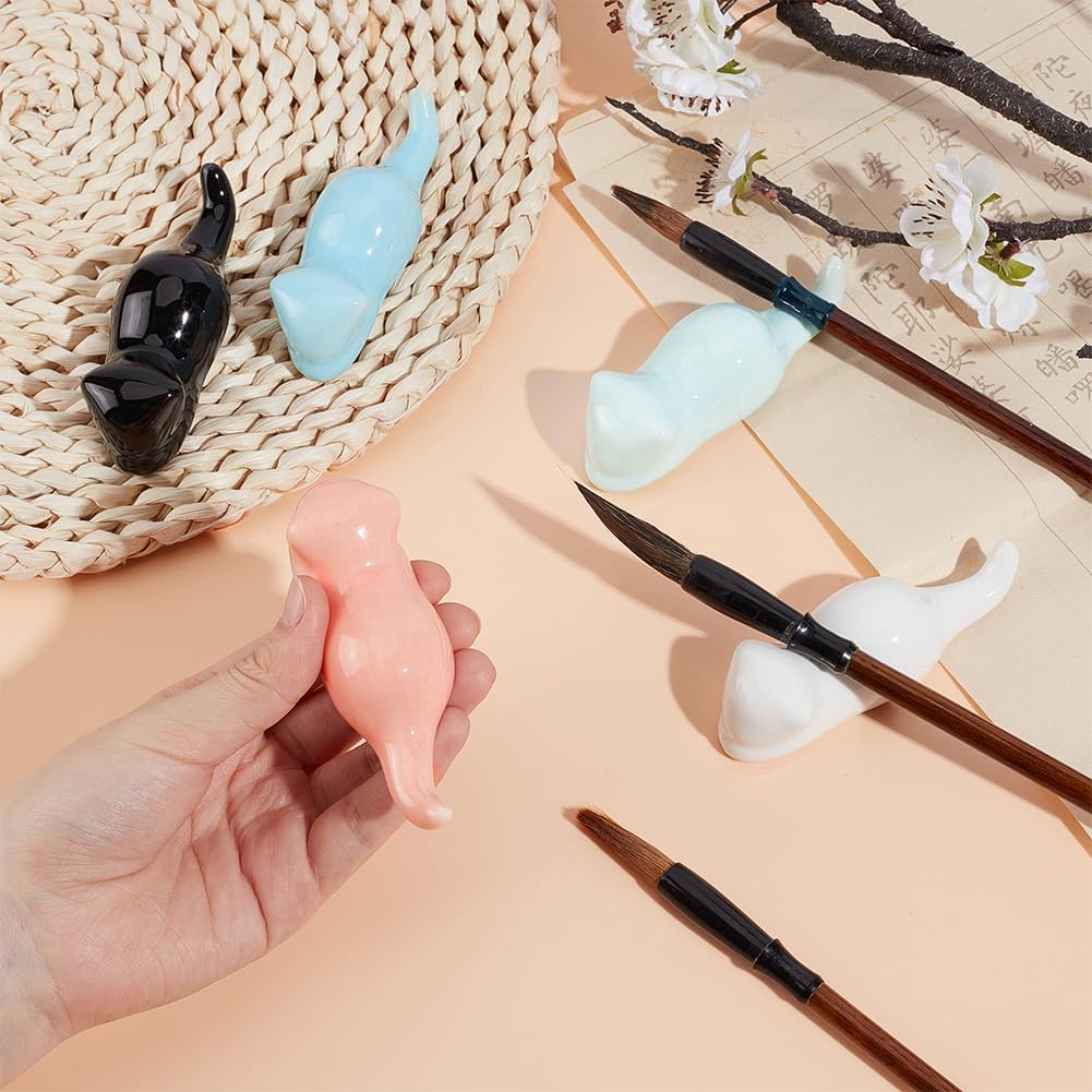 PH PandaHall 5pcs Chinese Calligraphy Brushes Rest Stand 5 Colors Ceramics Cat Shape Brushes Rest Holder Cute Painting Brushes Rests Writing Brush