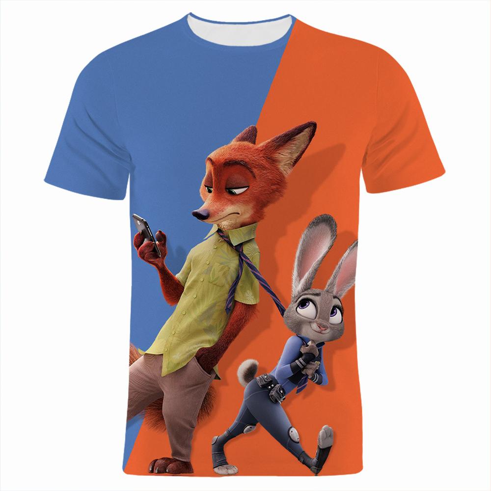2026 Kids Loose Fit Crew Neck T-Shirt Summer Zootopia 3D Print Boys Short Sleeve Cartoon Anime Top 100
