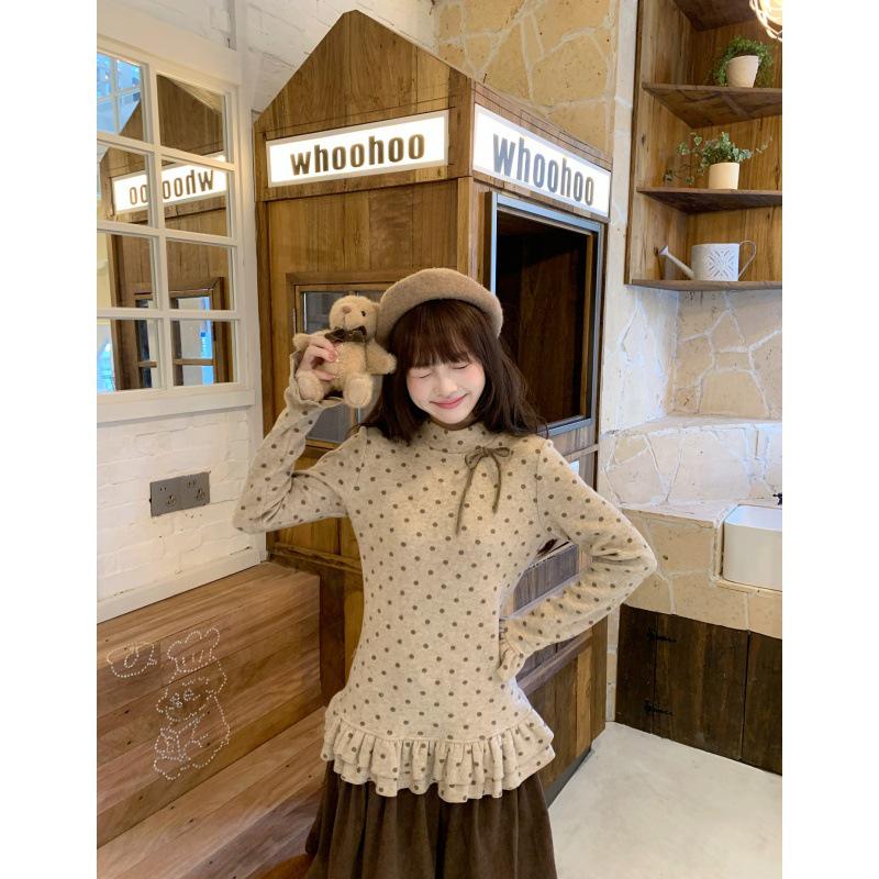 Korean Retro Polka Dot Bow Lace Hem Long Sleeve Women s Slim Fit T-Shirt - Elegant Autumn/Winter Top Large