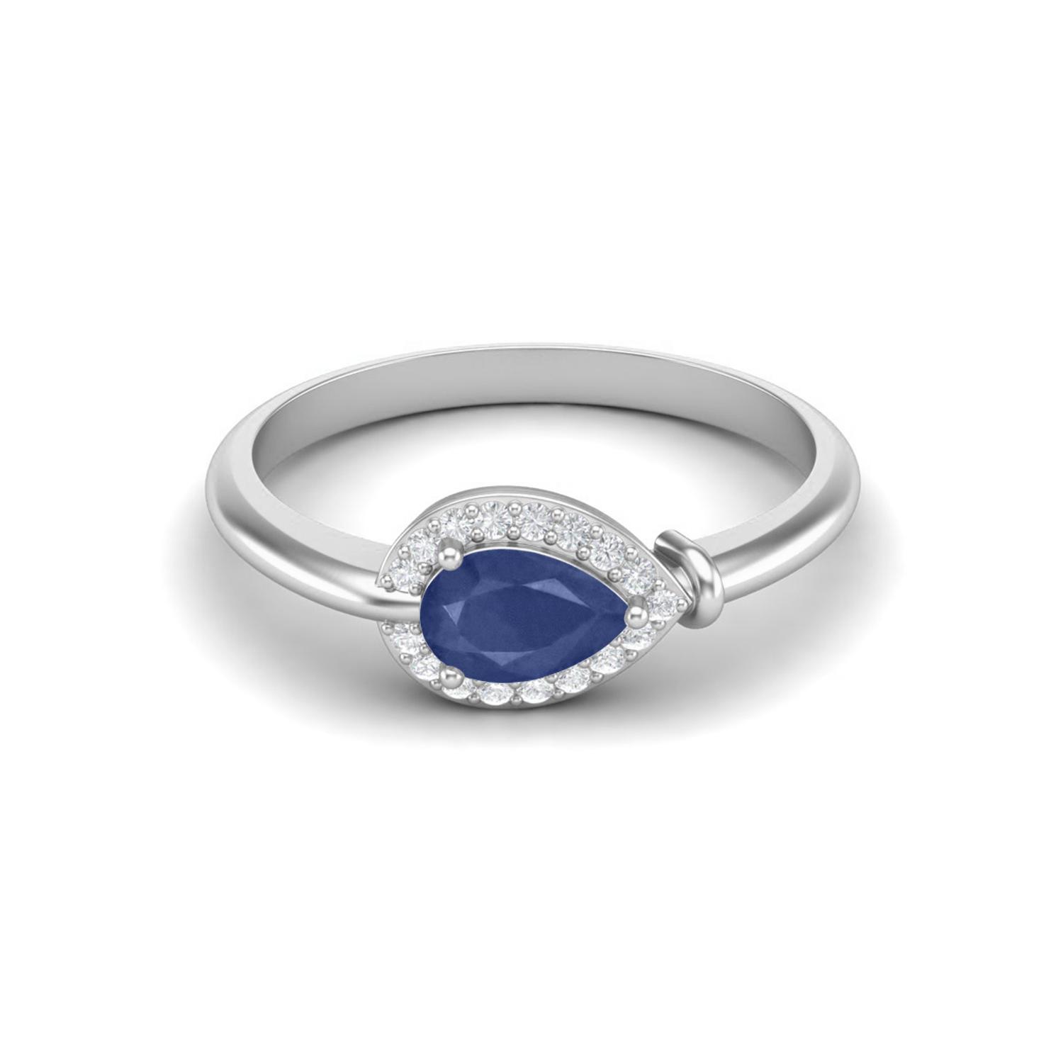 6X4mm Pear Blue Sapphire 925 Sterling Silver Solitaire Halo Women Wedding Ring