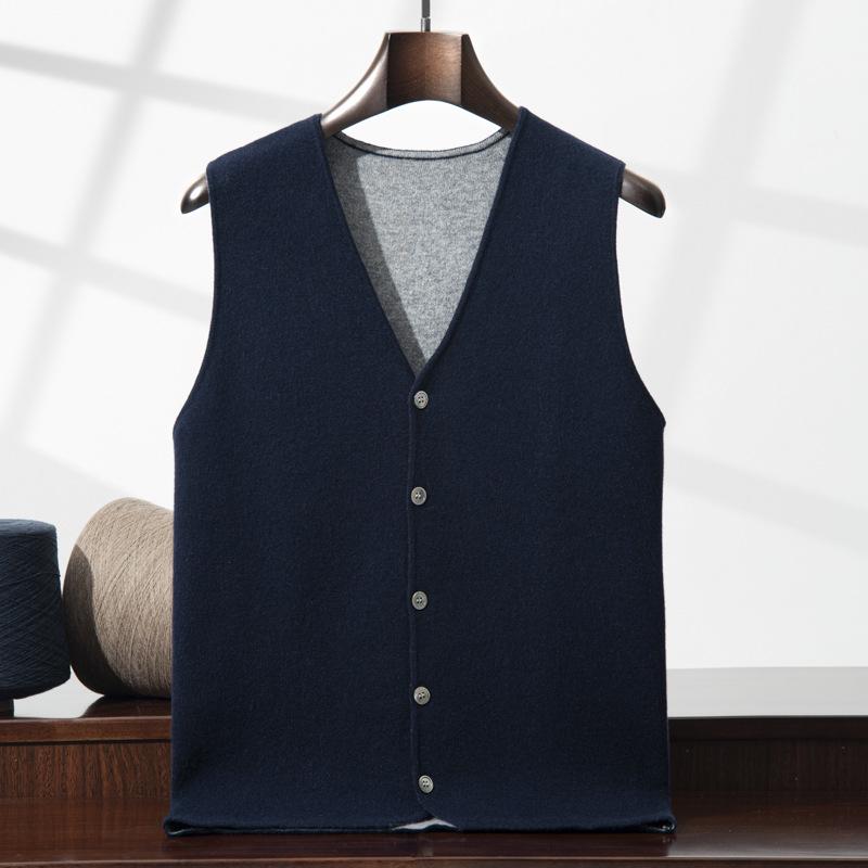 Men's Loose Casual V-neck Color Block Thickened Cashmere Knitted Sleeveless Vest Cardigan