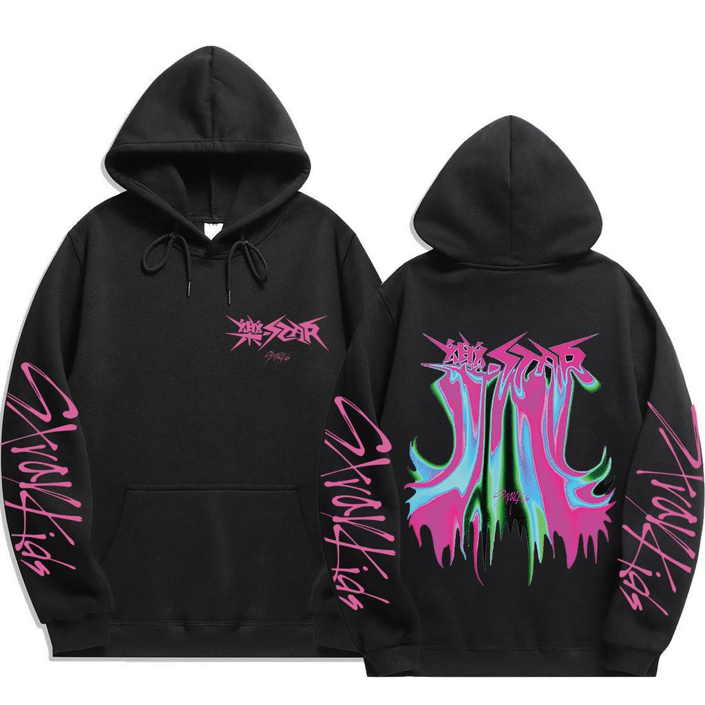 Stray Kids ROCK‑STAR Pullover Hoodie Front Graphic Pink‑Blue‑Green Drip Kangaroo Pocket Drawstring Hood Oversized Unisex K‑Pop Streetwear Fan Merch