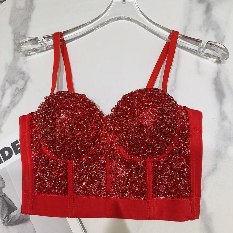 

Influencer Picks 2024 Summer New Arrival Fashion Heavy Industry Beaded Sequin Fishbone Sexy Chest Pad Sling Tube Top Intimates Red M(36)