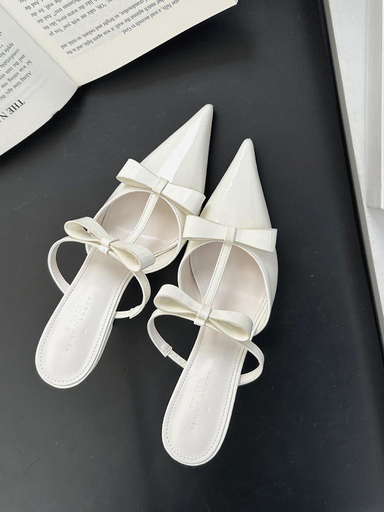 Women'S Shoes Spring Pointed Toe Thin Heel High Heel Elegant French Style Fashion Bow Outdoor Wear Slippers Mules