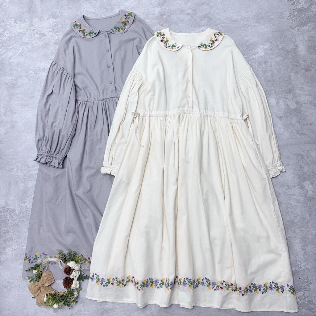 Johnature Embroidered Adjustable Waist Dress Long Sleeve Artistic Vintage Loose A-Line Long Dress For Women