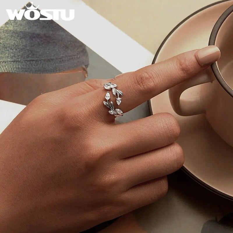 WOSTU 925 Sterling Silber Blattförmige Öffnung Ring Für Frauen Voll Glänzend Zirkon Blätter Stapelbar Party Mädchen Ringe Koreanische Schmuck