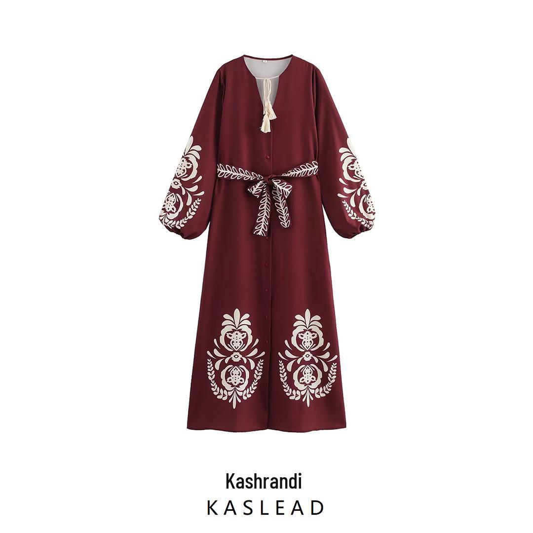 

2025 Spring Women’s European & American Style Ethnic Print Lace-Up Long Dress L вина червоного кольору