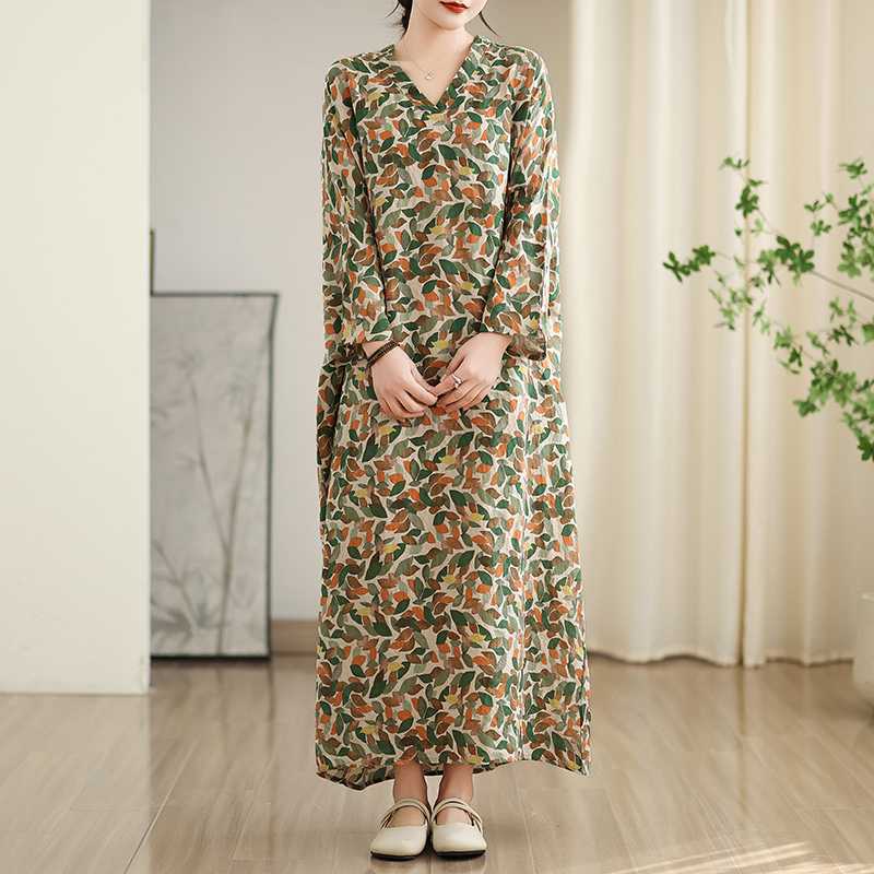 New Color V-neck Retro Long Skirt Cotton Linen Dress