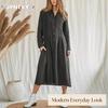 JPNTKY Women's Fashion Spring Autumn Solid Color Print POLO Neck Long Sleeve Casual Dresses