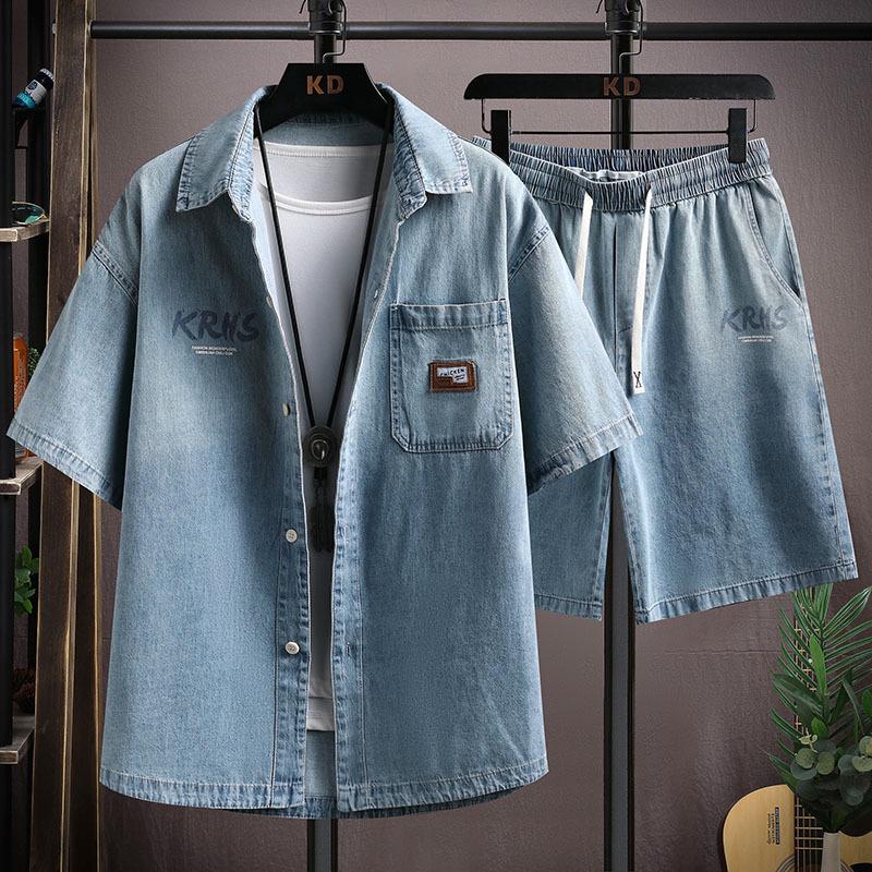 Men's Harajuku Denim Short Sleeve Shirt and Shorts Set 811