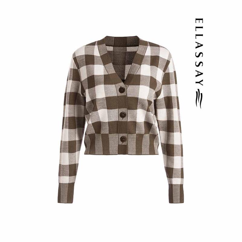 ELLASSAY Women's Merino Wool Plaid Knit Sweater