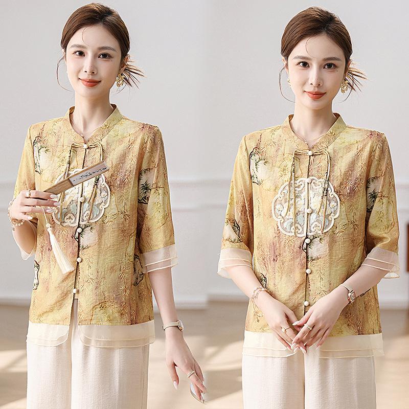 Letní oblečení, Západní styl, Oblečení pro matky, Potisk inkoustem, Tričko s krátkým rukávem v národním stylu, Letní topy pro ženy středního a staršího věku