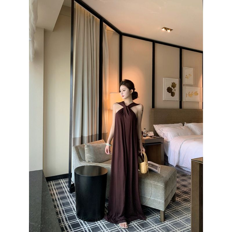 Kumikumi French Style Temperament Coffee Color Sleeveless Hanging Neck Dress Women Summer All-Match Loose Slimming Drape Long Dress