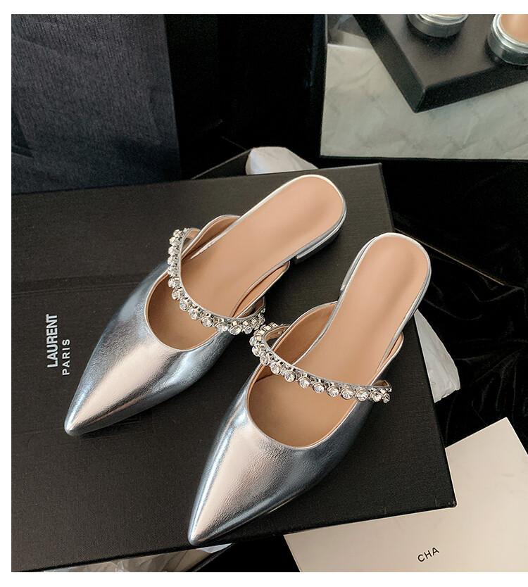 Spot, one word with rhinestone bag head sandals women's 2025 summer new product pointed fashion outer wear women's flat shoes