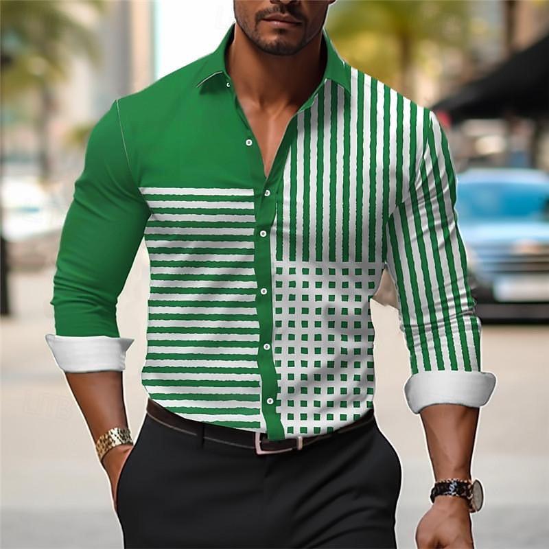 Striped men's business casual 3D printed shirt for outdoor wear, daily work folding, long sleeved oversized xs-6xL for comfort