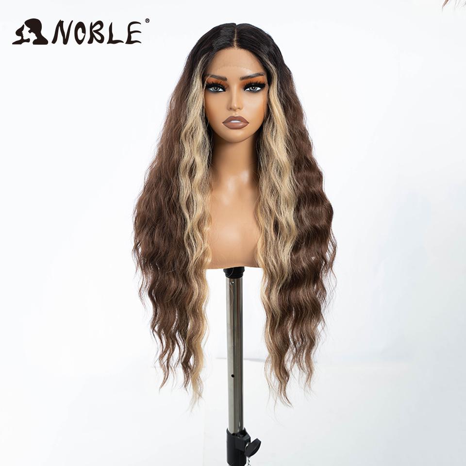 Noble Synthetic Lace Wig Cosplay Wigs 30 Inch Long Deep Wavy Ombre Blonde Silvery Lace Wigs For Women Lace Wig Heat Resistant
