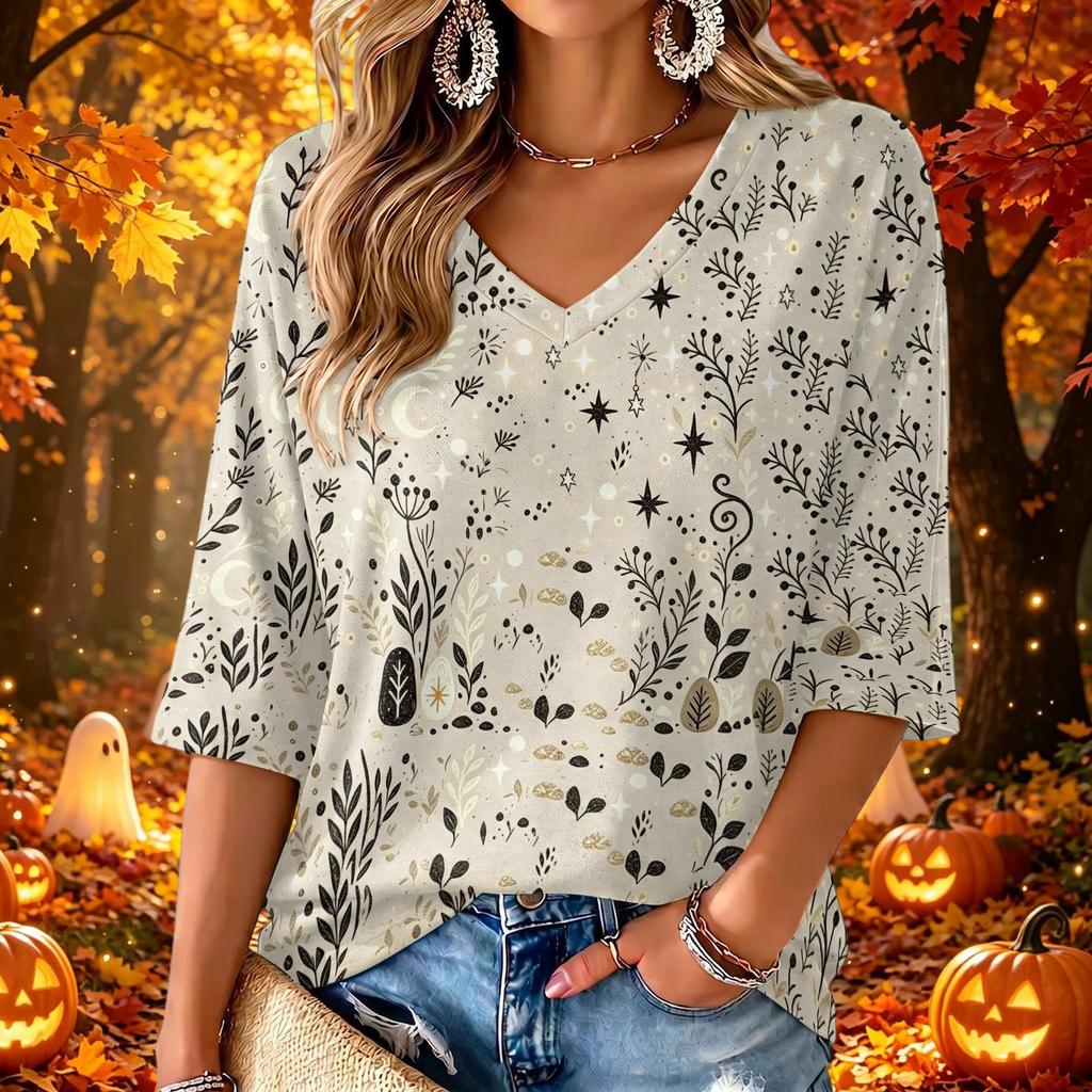 Women's V-Neck Floral Print Three-Quarter Sleeve Casual Top