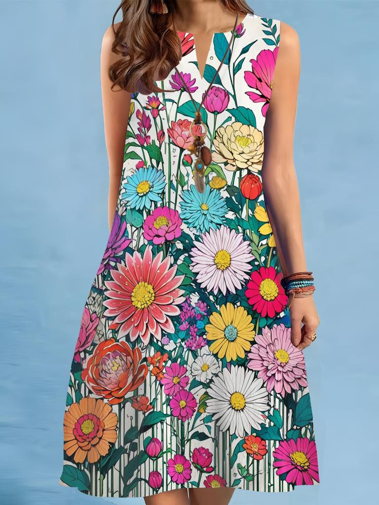 Summer Beach Floral Print Dress For Women Casual Sexy Sleeveless V-neck Loose Mini Dress Elegant Woman Short Dress Vestidos