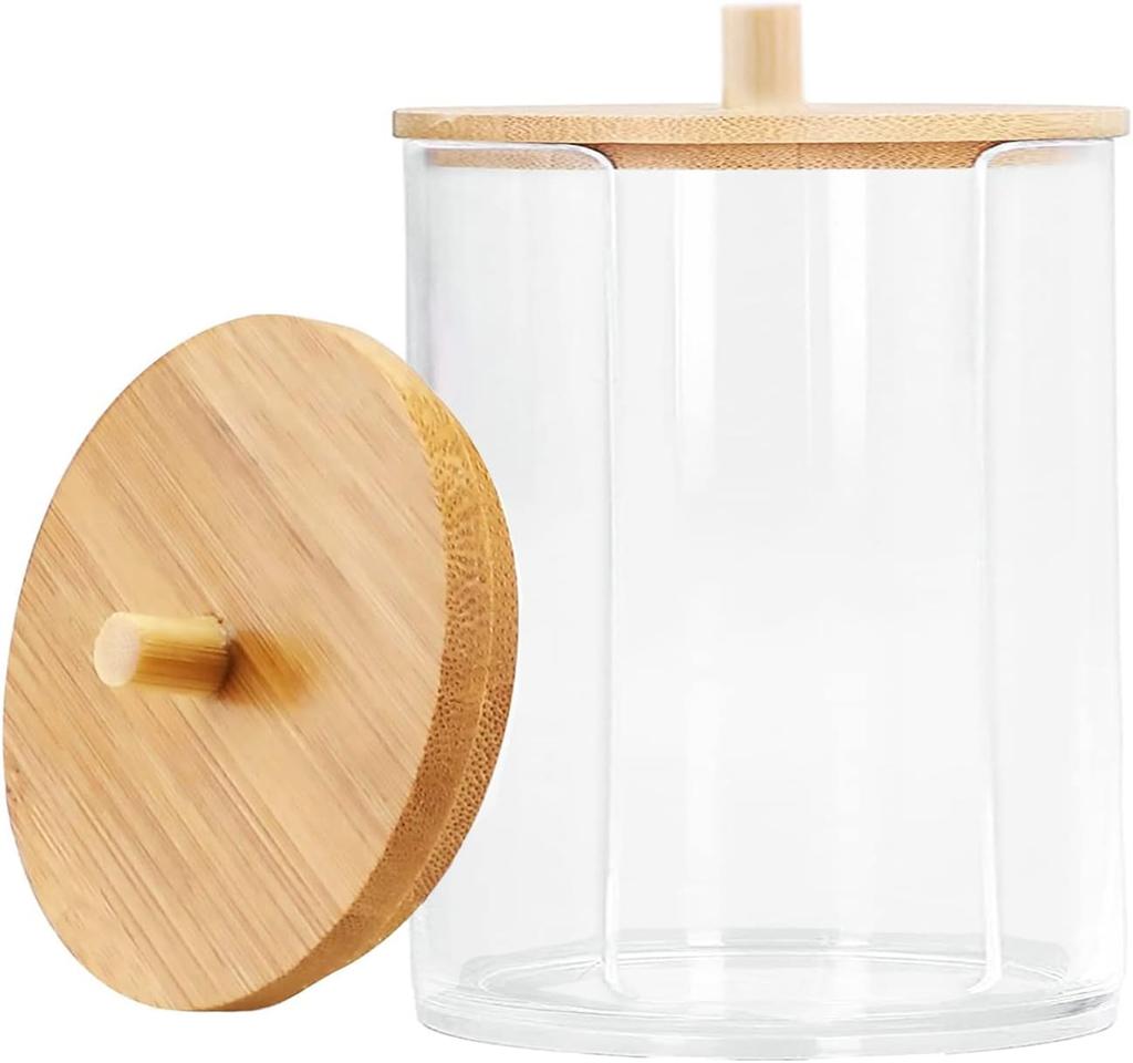 1pcs Cotton Round Pad Dispenser With Bamboo Lid, Small Clear Acrylic Containers For Cotton Swab/ball, Transparent Jars For Bathroom Vanity