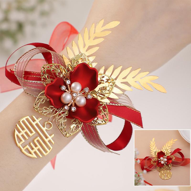 Brățară Exquisită pentru Domnișoare de Onoare cu Flori Artificiale, Panglică Dulce de Nuntă, Fundă cu Perle, Flori de Mână pentru Mireasă, Accesorii de Petrecere, Bal de Promovare, Cadouri