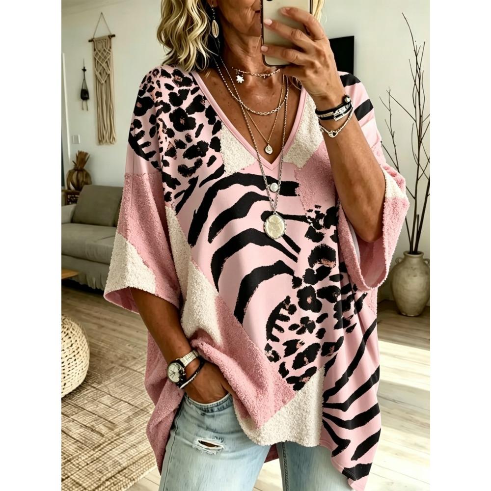 Plus Size Women's Simple Bohemian Pattern Print V-neck Top Three-quarter Sleeves Loose Plus Size Casual Daily T-shirt
