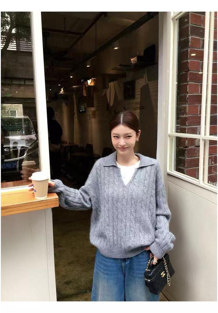 Women's Two-Piece Look Polo Collar Wool Sweater - Thick and Loose Knitwear for Autumn/Winter