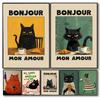 Bonjour Mon Amour Gatto Nero Arte Stampa su Tela Metà Secolo Cane Beve Caffè Poster Artistico da Parete per Soggiorno Moderno Decorazione Casa Regalo